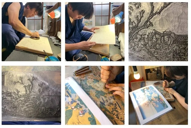 ドラえもん浮世絵木版画シリーズの実際の彫り・摺りの制作風景