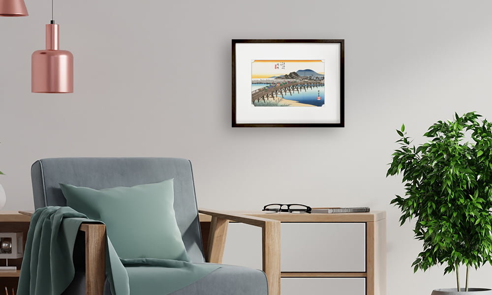 歌川広重「東海道五十三次 小田原 酒匂川」浮世絵木版画を飾ったイメージ写真