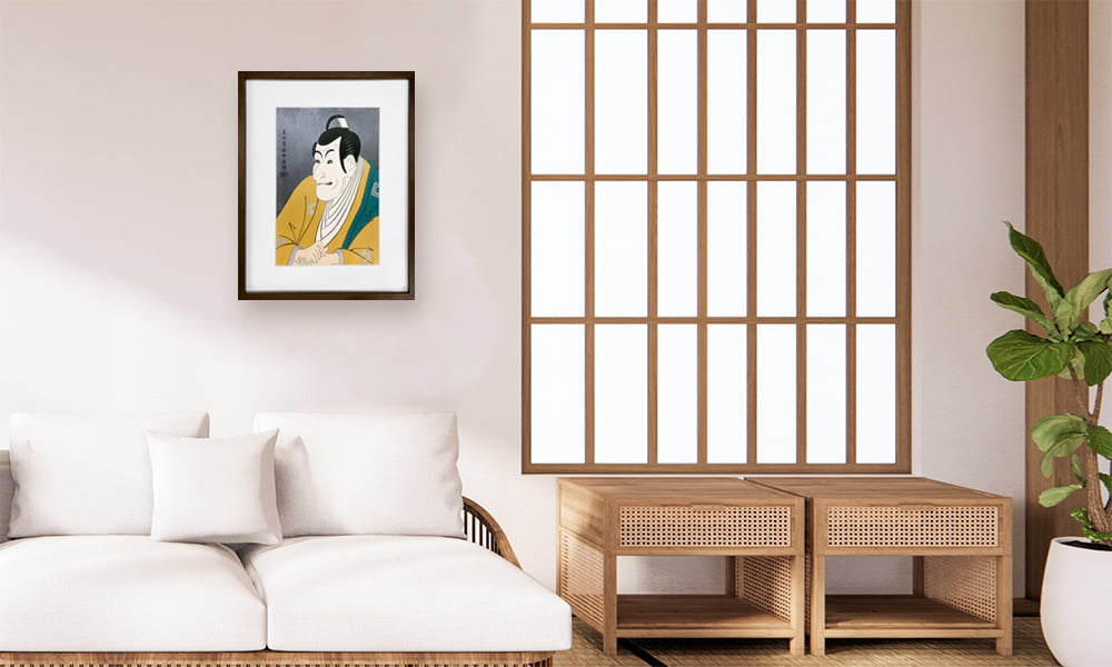 東洲斎写楽「市川鰕蔵（えびぞう）の竹村定之進」浮世絵木版画を飾ったイメージ写真