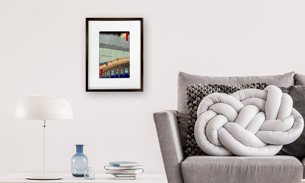 歌川広重「名所江戸百景 大はしあたけの夕立」浮世絵木版画を飾ったイメージ写真