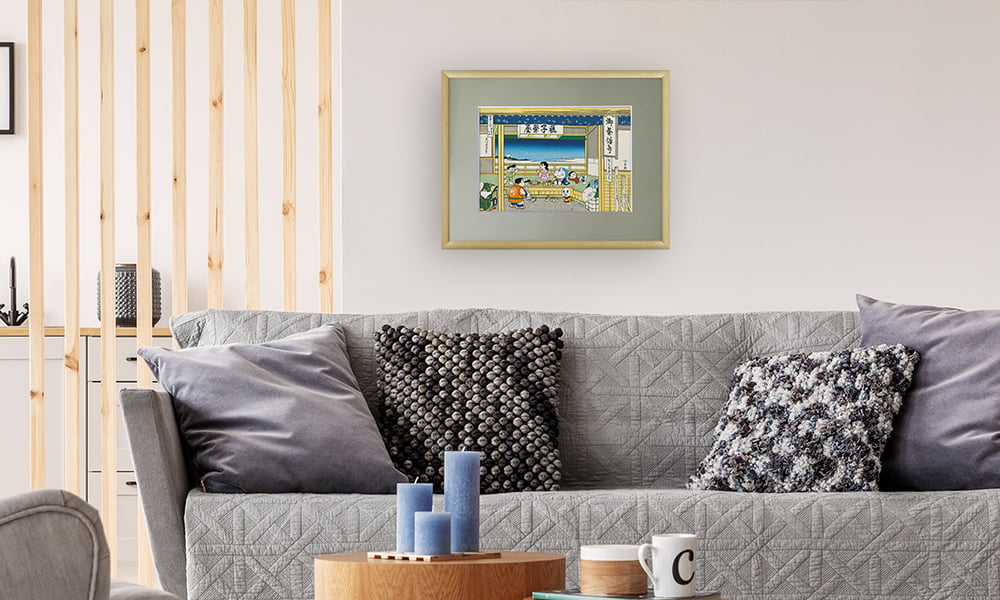 ドラえもん 浮世絵木版画「富嶽三十六景 東海道吉田」を飾ったイメージ写真