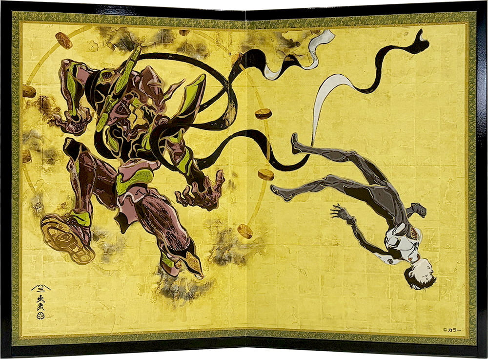 『風神雷神』屏風　貼り絵　アート　美術品　インテリア エヴァ浮世絵屏風「EVANGELION 風神雷神図屏風～雷神図：初号機／碇