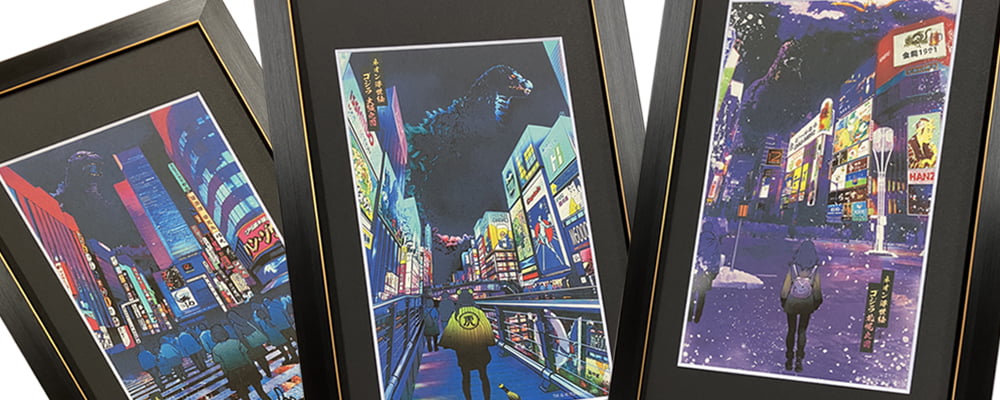 ゴジラネオン浮世絵に合わせた専用マットと額