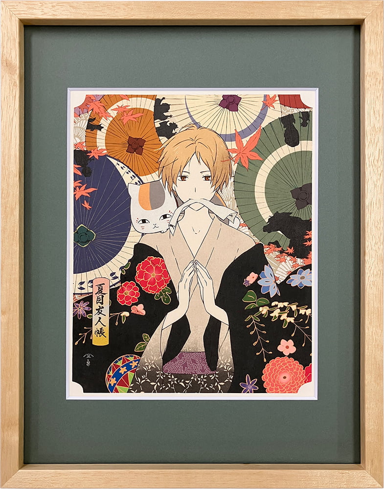 和風イラスト 額装品 狸 傘 墨絵風 夏目友人帳浮世絵「秋風和傘模様」｜浮世絵工房